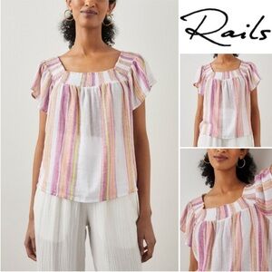 RAILS Sonora Linen Blend Hibiscus Stripe Blouse Size Medium